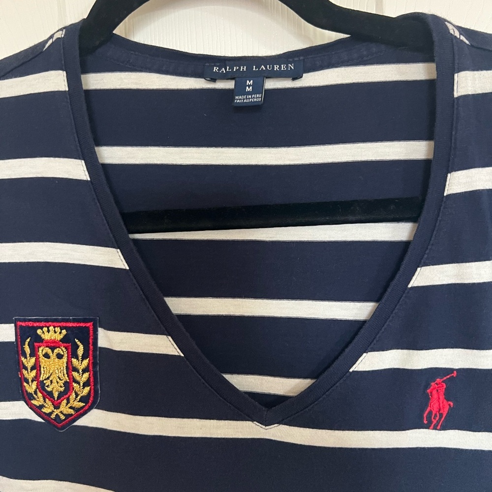 Ralph Lauren ladies Navy and White Striped V-Neck Tee       Price Is Firm